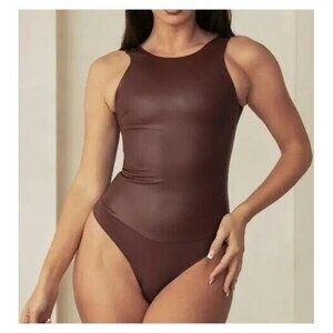 Pinsy Womens Vegan Leather High Neck Shapewear Bodysuit Scoop Neck Brown Size 1X
